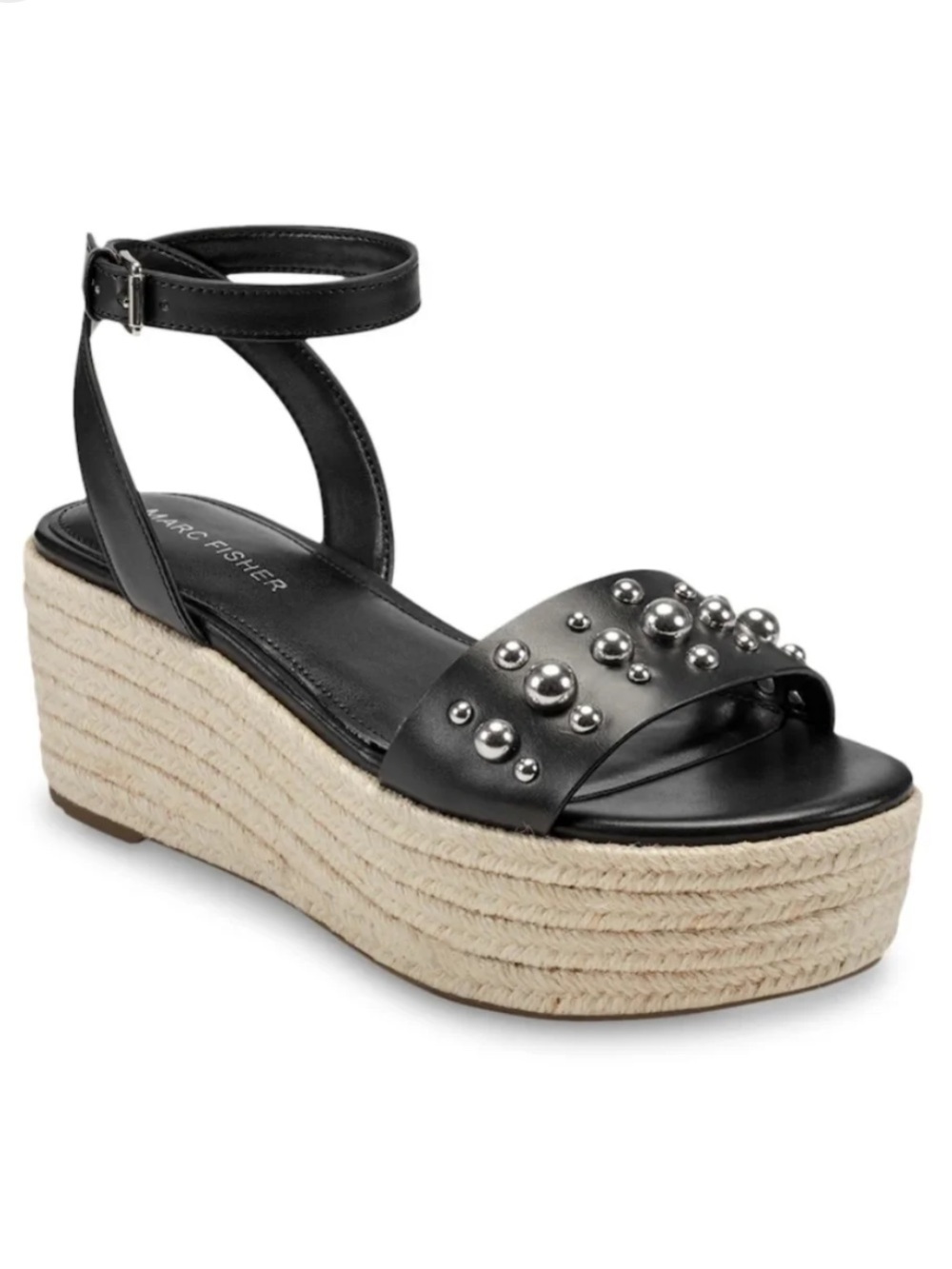 Marc Fisher Black Studded Espadrille Platform Sandal with Ankle Strap